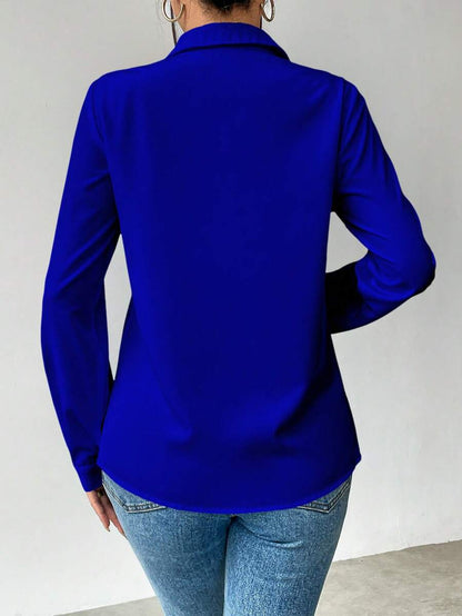 Pia Button Front Long Sleeve Blouse Classic Collared Shirt - Royal Blue