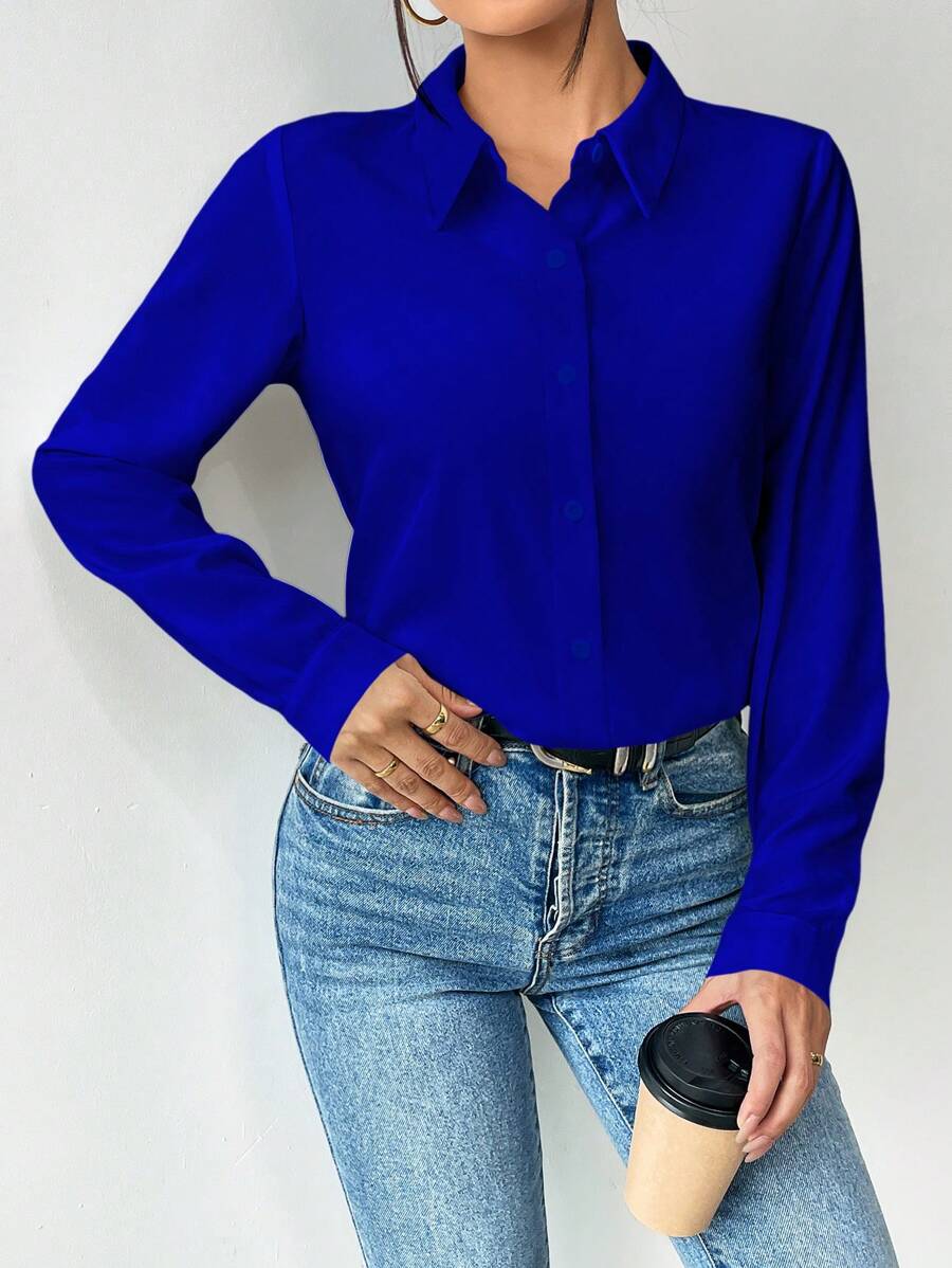 Pia Button Front Long Sleeve Blouse Classic Collared Shirt - Royal Blue