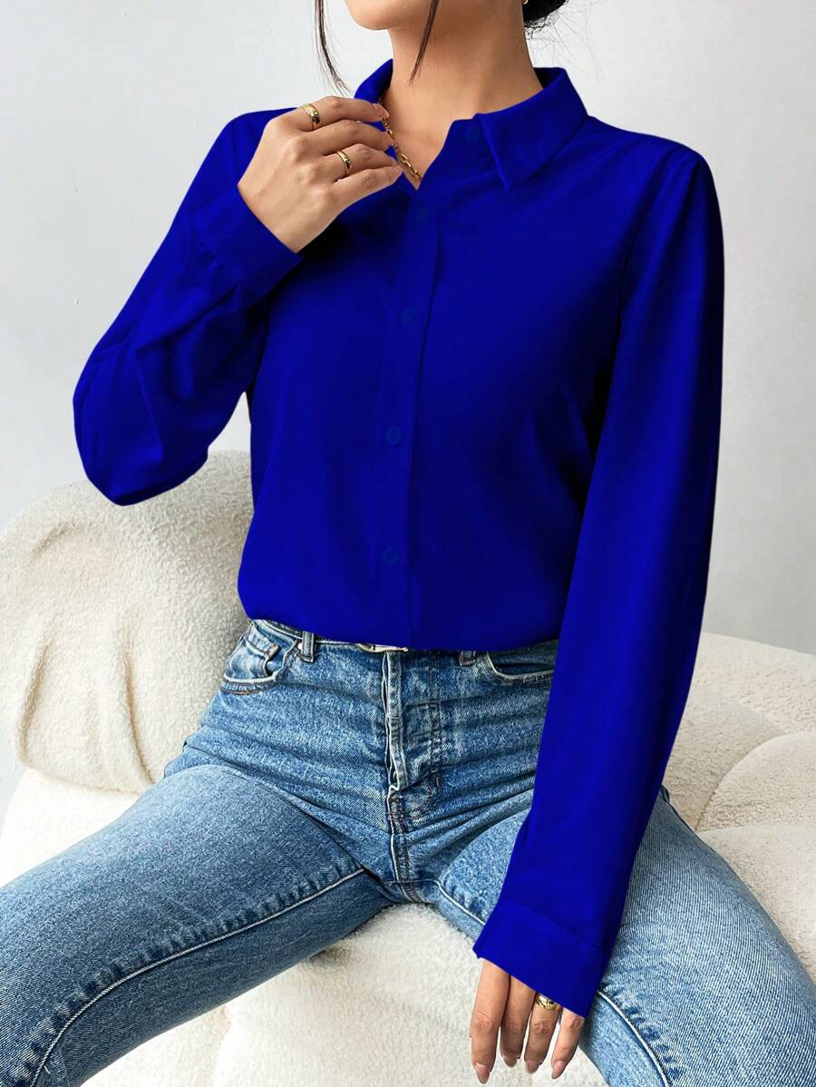 Pia Button Front Long Sleeve Blouse Classic Collared Shirt - Royal Blue