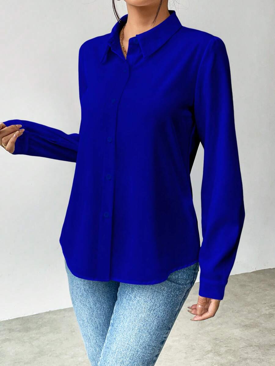 Pia Button Front Long Sleeve Blouse Classic Collared Shirt - Royal Blue