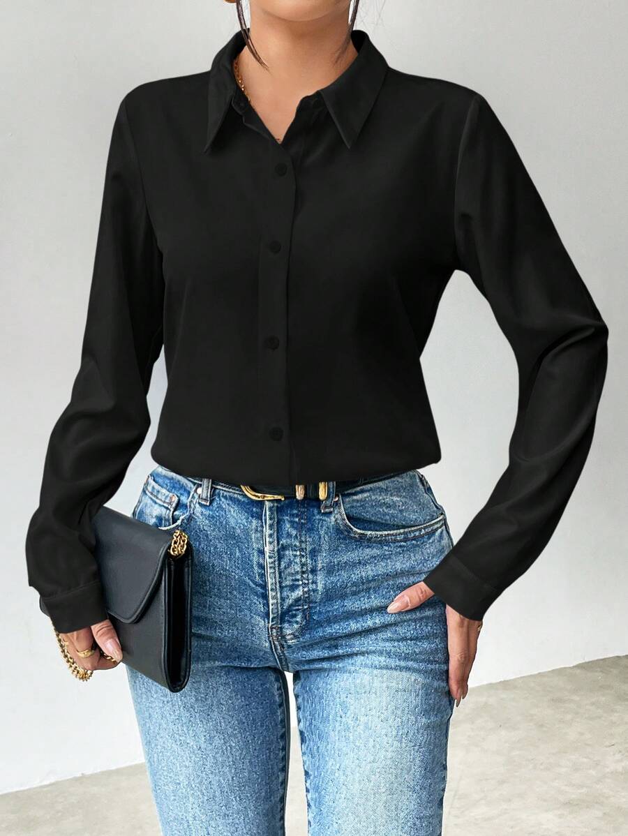 Pia Button Front Long Sleeve Blouse Classic Collared Shirt - Black