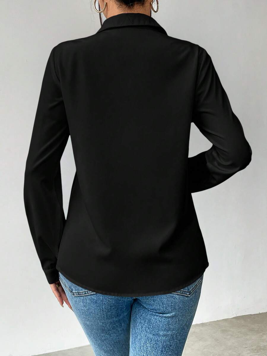 Pia Button Front Long Sleeve Blouse Classic Collared Shirt - Black