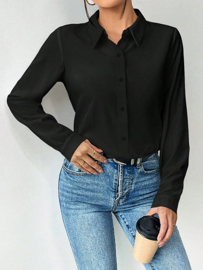 Pia Button Front Long Sleeve Blouse Classic Collared Shirt - Black