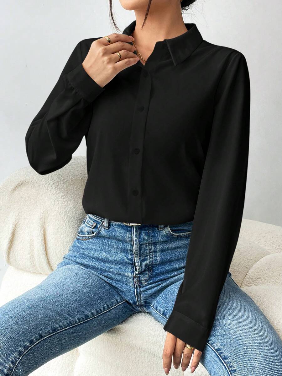 Pia Button Front Long Sleeve Blouse Classic Collared Shirt - Black