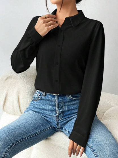 Pia Button Front Long Sleeve Blouse Classic Collared Shirt - Black