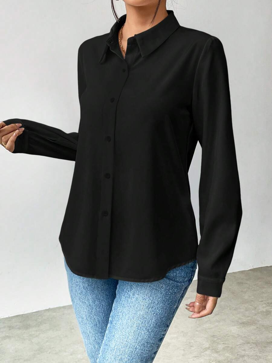 Pia Button Front Long Sleeve Blouse Classic Collared Shirt - Black