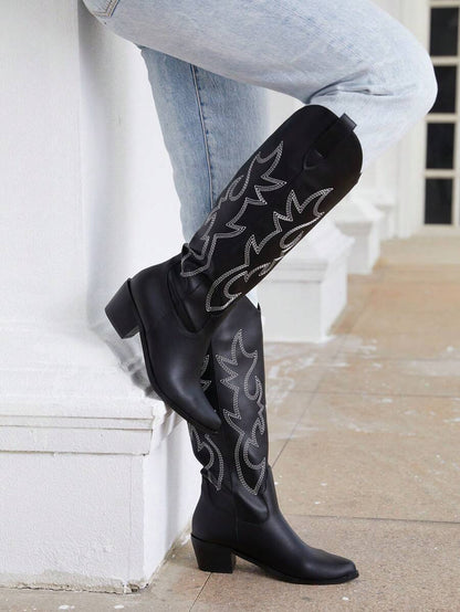 Women's Western Cowboy Boots Embroidered Pointed Toe Pull-On Retro Classic Fall Knee High Cowgirl Boots For Woman Spring Boots For Women Mensa