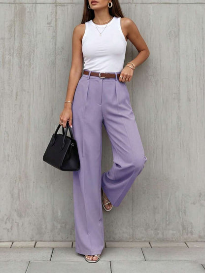 Simone High-Waist Pleated Wide-Leg Trousers with Pockets - Mauve Purple