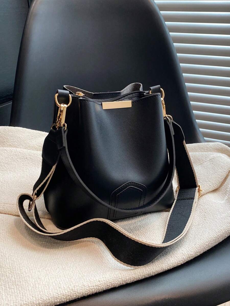 Lausanne Suede Look Bucket Bag with Wide Shoulder Strap - Black