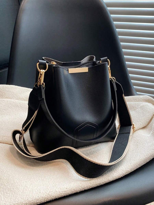 Lausanne Suede Look Bucket Bag with Wide Shoulder Strap - Black