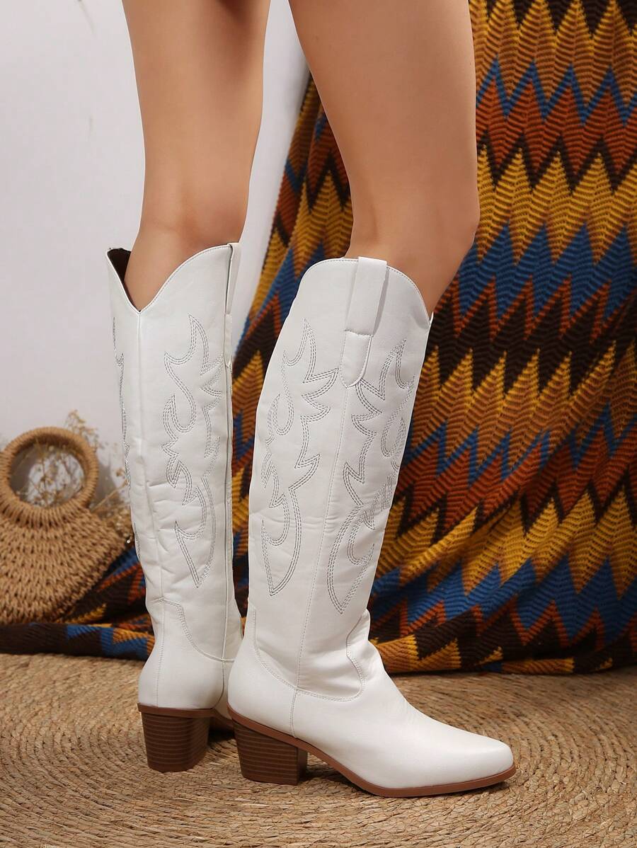 FVPFVP Fall/Winter 2025 Inspired Embroidered Boots, European & American New Style Chunky Heel Increased Height Retro Knee-High Cowboy Boots For Women,Western Style,Cowgirl Boots,Coachella Mensa