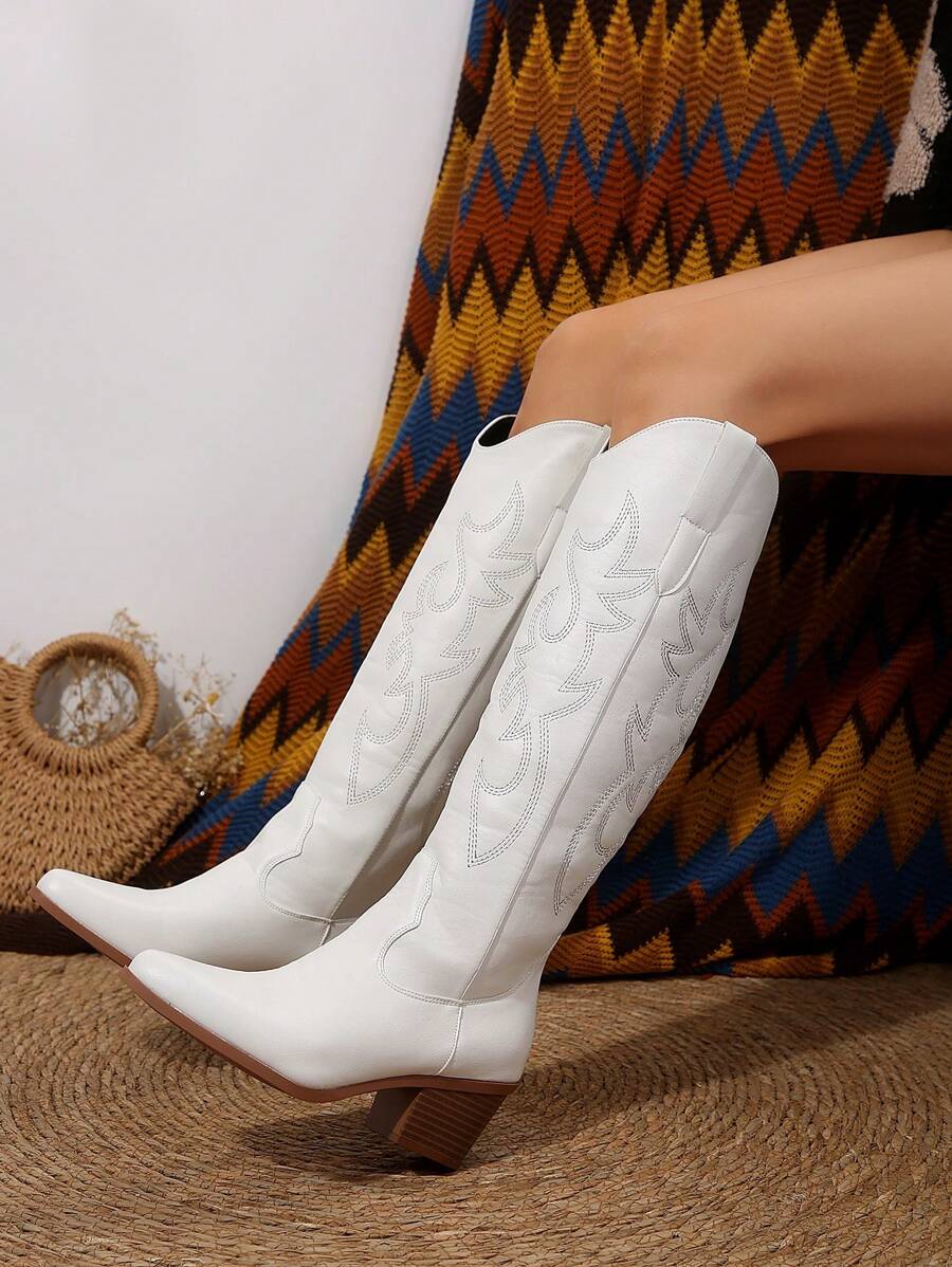 FVPFVP Fall/Winter 2025 Inspired Embroidered Boots, European & American New Style Chunky Heel Increased Height Retro Knee-High Cowboy Boots For Women,Western Style,Cowgirl Boots,Coachella Mensa