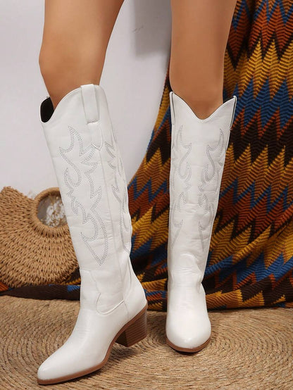 FVPFVP Fall/Winter 2025 Inspired Embroidered Boots, European & American New Style Chunky Heel Increased Height Retro Knee-High Cowboy Boots For Women,Western Style,Cowgirl Boots,Coachella Mensa