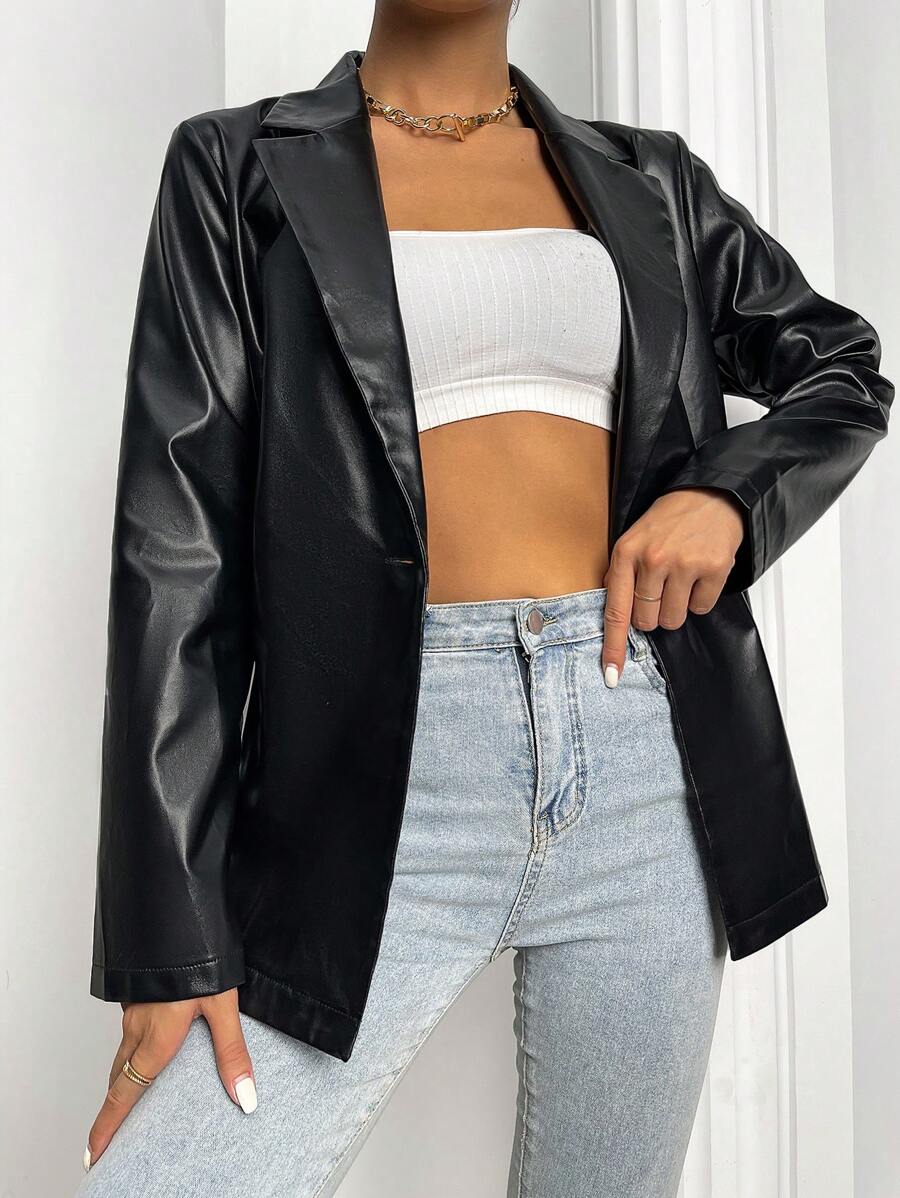 Rotterdam Faux Leather Single Button Oversized Blazer - Black
