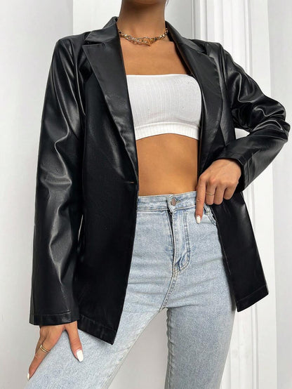 Rotterdam Faux Leather Single Button Oversized Blazer - Black