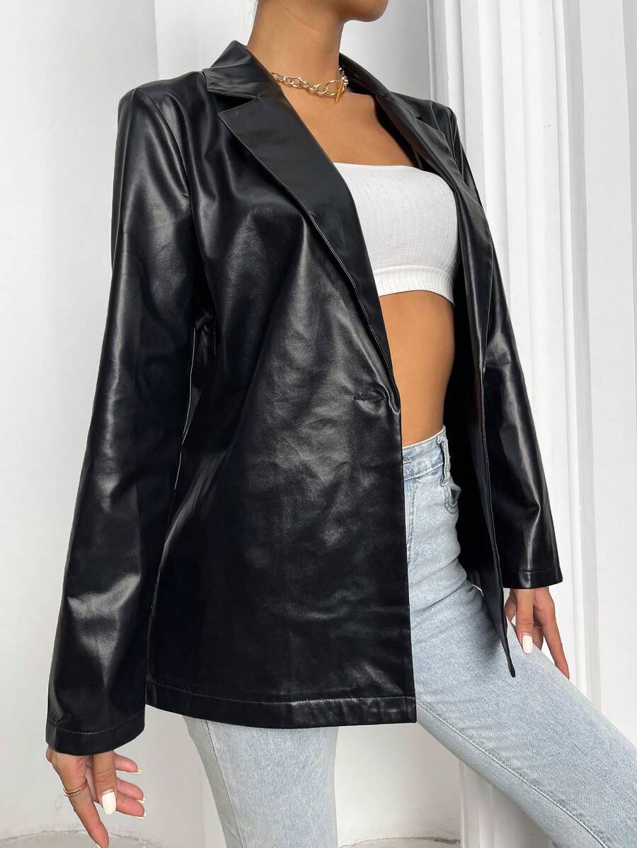 Rotterdam Faux Leather Single Button Oversized Blazer