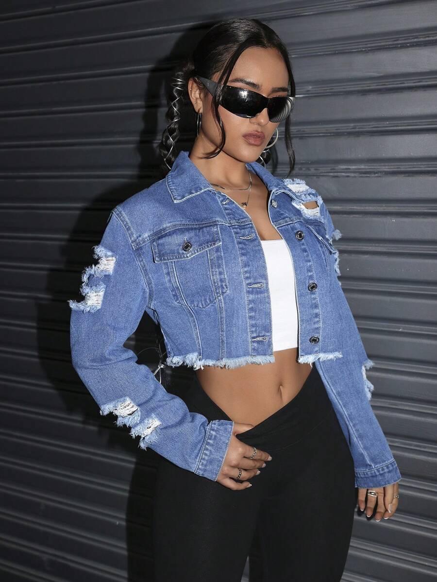 Celeste Distressed Crop Frayed Denim Jacket - Black