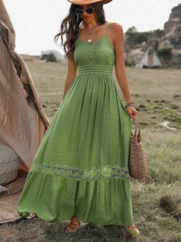 SHEIN Clasi Women'S Splice Lace Cami Dress With Flounce Hem Long Sundress Maxi Women Outfit Mensa