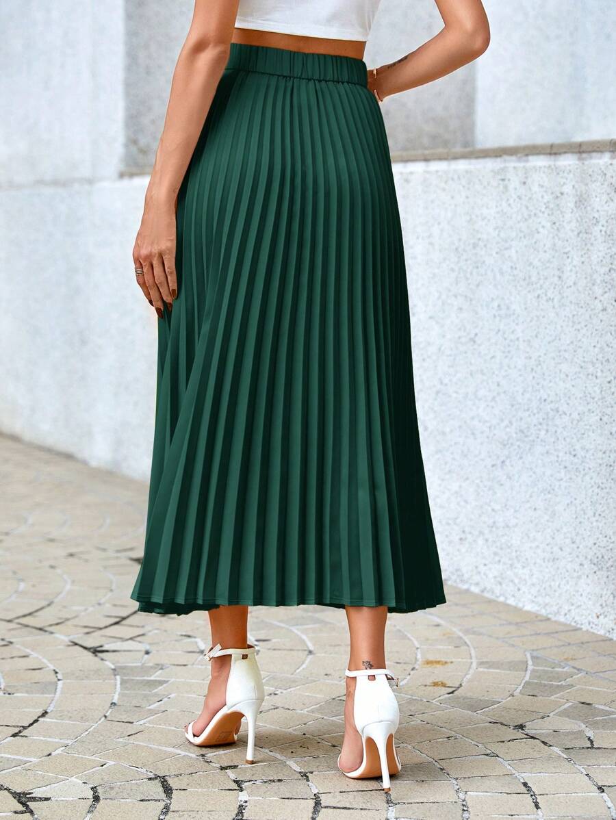 Camila Elegant High-Waist Pleated A-Line Midi Skirt - Dark Green