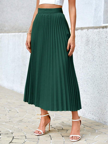 Camila Elegant High-Waist Pleated A-Line Midi Skirt - Dark Green