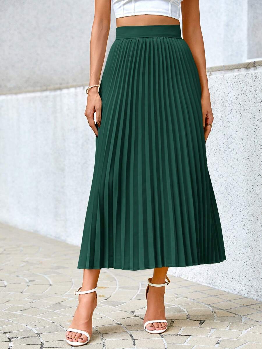 Camila Elegant High-Waist Pleated A-Line Midi Skirt - Dark Green