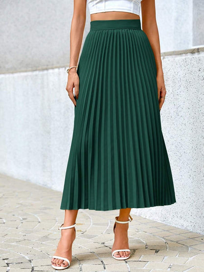 Camila Elegant High-Waist Pleated A-Line Midi Skirt - Dark Green