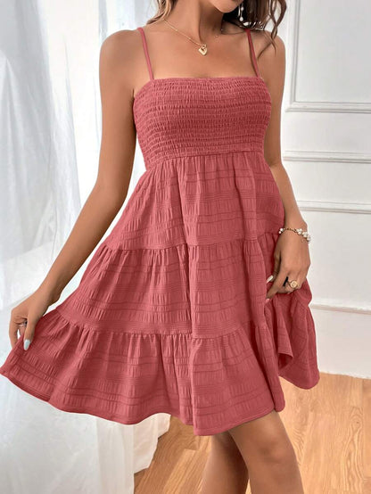 Soleia Women's Summer Holiday Solid Color Spaghetti Strap Dress With Ruffled Hem Mensa