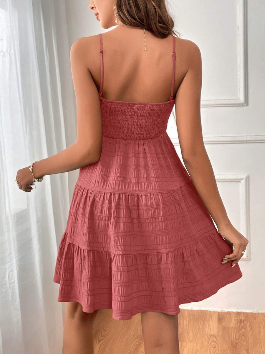 Soleia Women's Summer Holiday Solid Color Spaghetti Strap Dress With Ruffled Hem Mensa