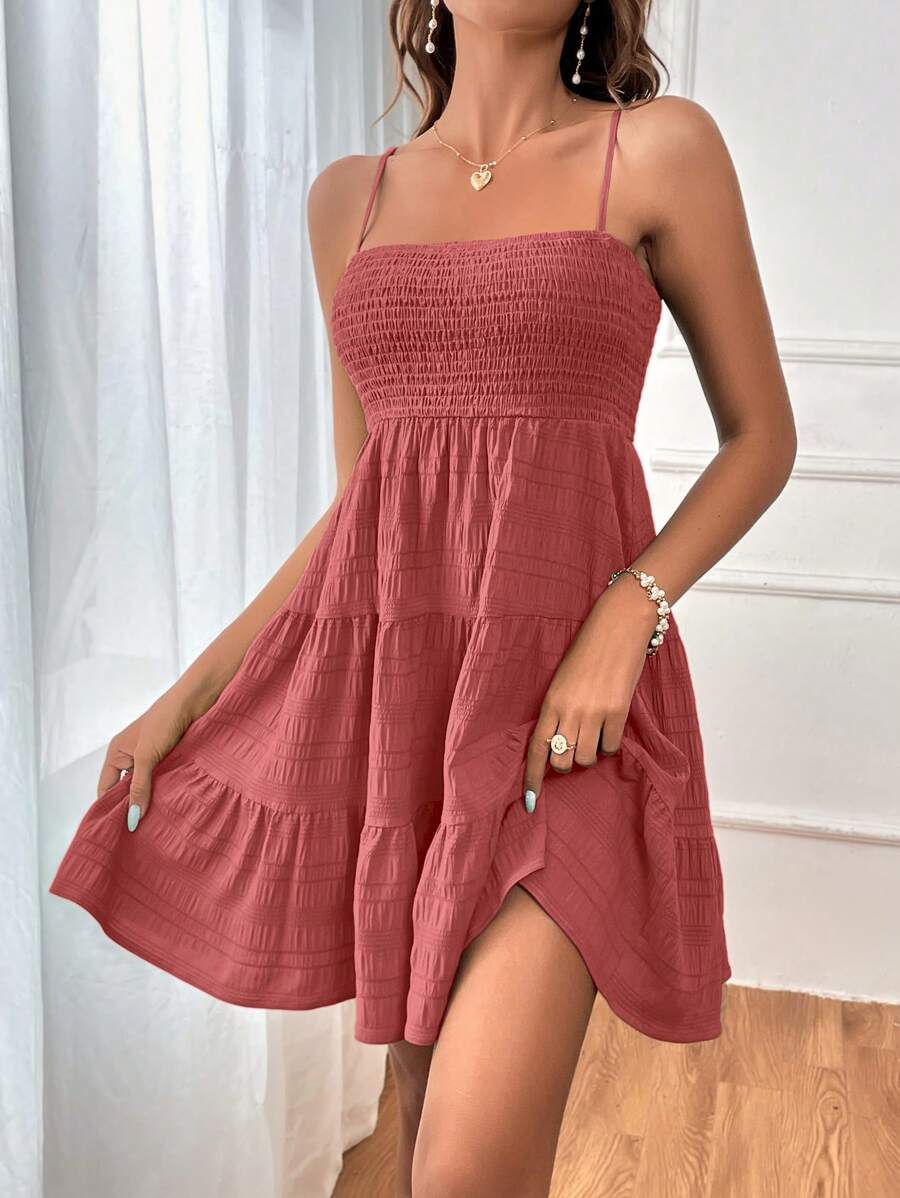 Soleia Women's Summer Holiday Solid Color Spaghetti Strap Dress With Ruffled Hem Mensa