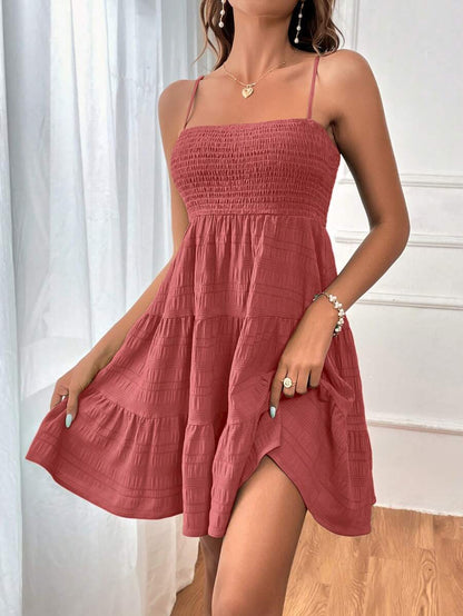 Soleia Women's Summer Holiday Solid Color Spaghetti Strap Dress With Ruffled Hem Mensa