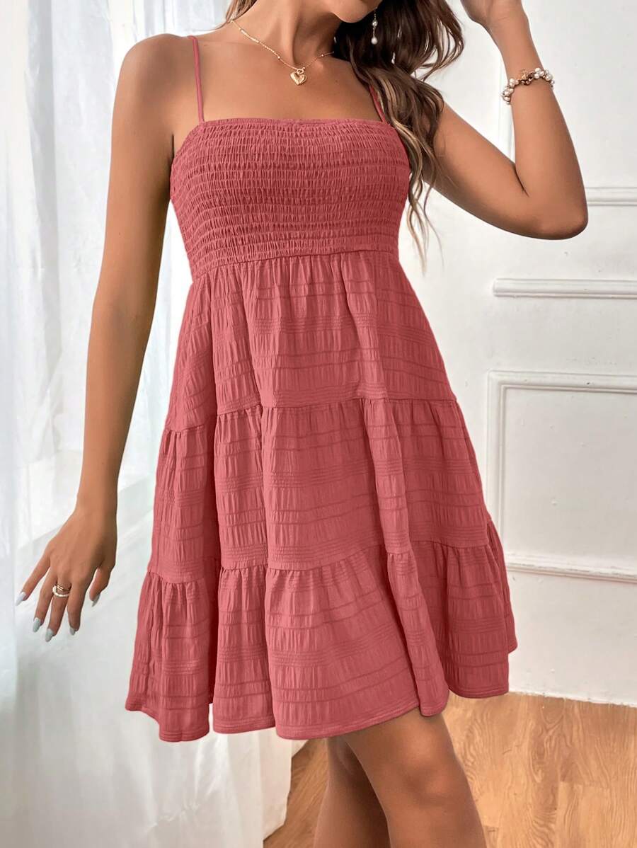 Soleia Women's Summer Holiday Solid Color Spaghetti Strap Dress With Ruffled Hem Mensa