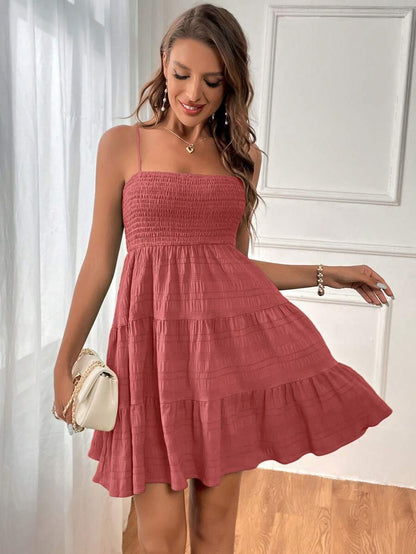 Soleia Women's Summer Holiday Solid Color Spaghetti Strap Dress With Ruffled Hem Mensa