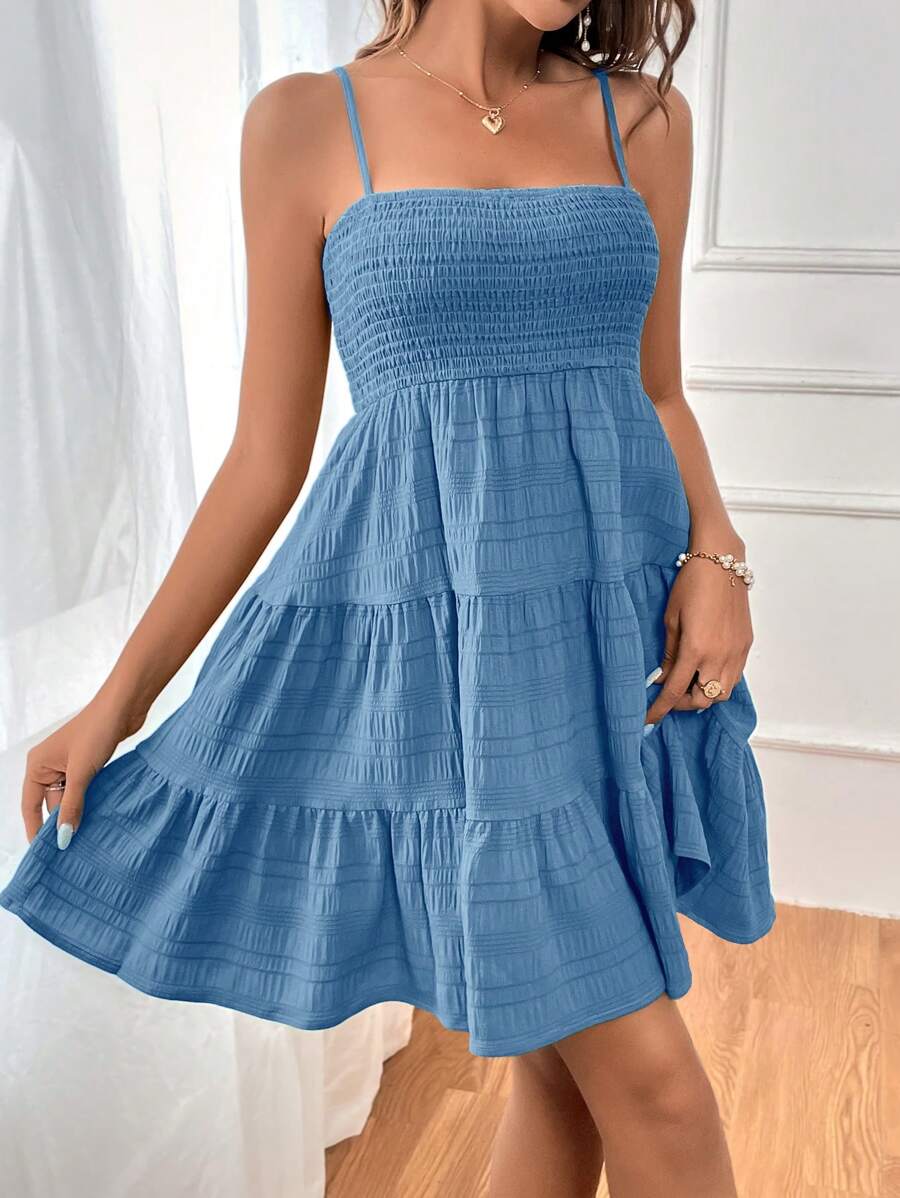 Soleia Women's Summer Holiday Solid Color Spaghetti Strap Dress With Ruffled Hem Mensa