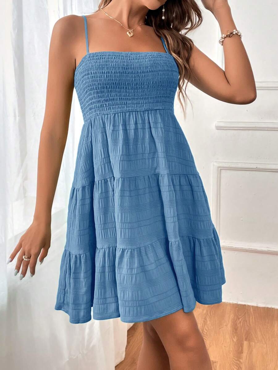 Soleia Women's Summer Holiday Solid Color Spaghetti Strap Dress With Ruffled Hem Mensa