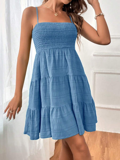 Soleia Women's Summer Holiday Solid Color Spaghetti Strap Dress With Ruffled Hem Mensa