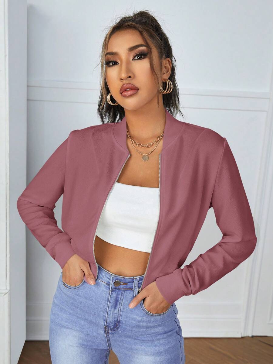 Calliope Zip Up Crop Bomber Jacket - Dusty Pink