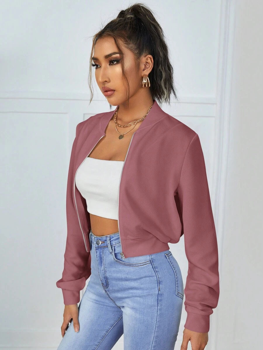 Calliope Zip Up Crop Bomber Jacket - Red