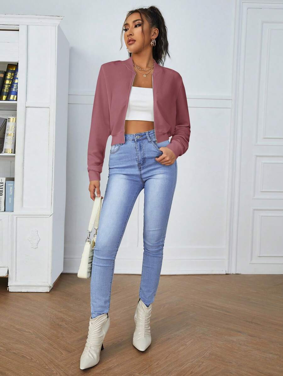 Calliope Zip Up Crop Bomber Jacket - White