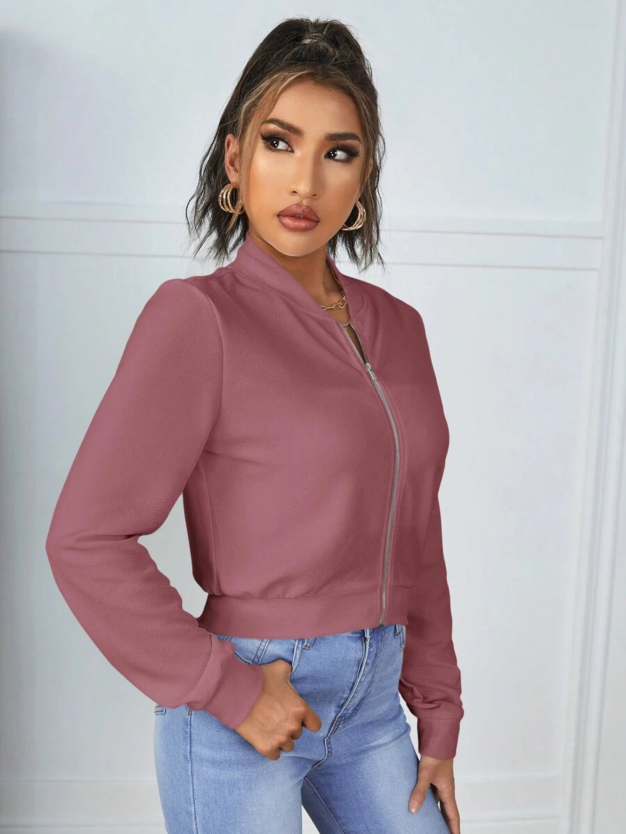 Calliope Zip Up Crop Bomber Jacket - Dusty Pink