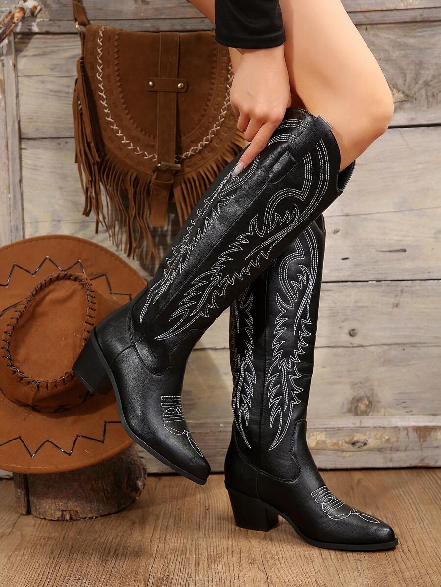 FVPFVP Fall/Winter 2024 European And American New Vintage Embroidered Western Boots, Over-The-Knee V-Cut All-Match Fashionable Knight Boots For Women, Cowboy Boots For Women,Cowgirl Boots,Coachella Mensa