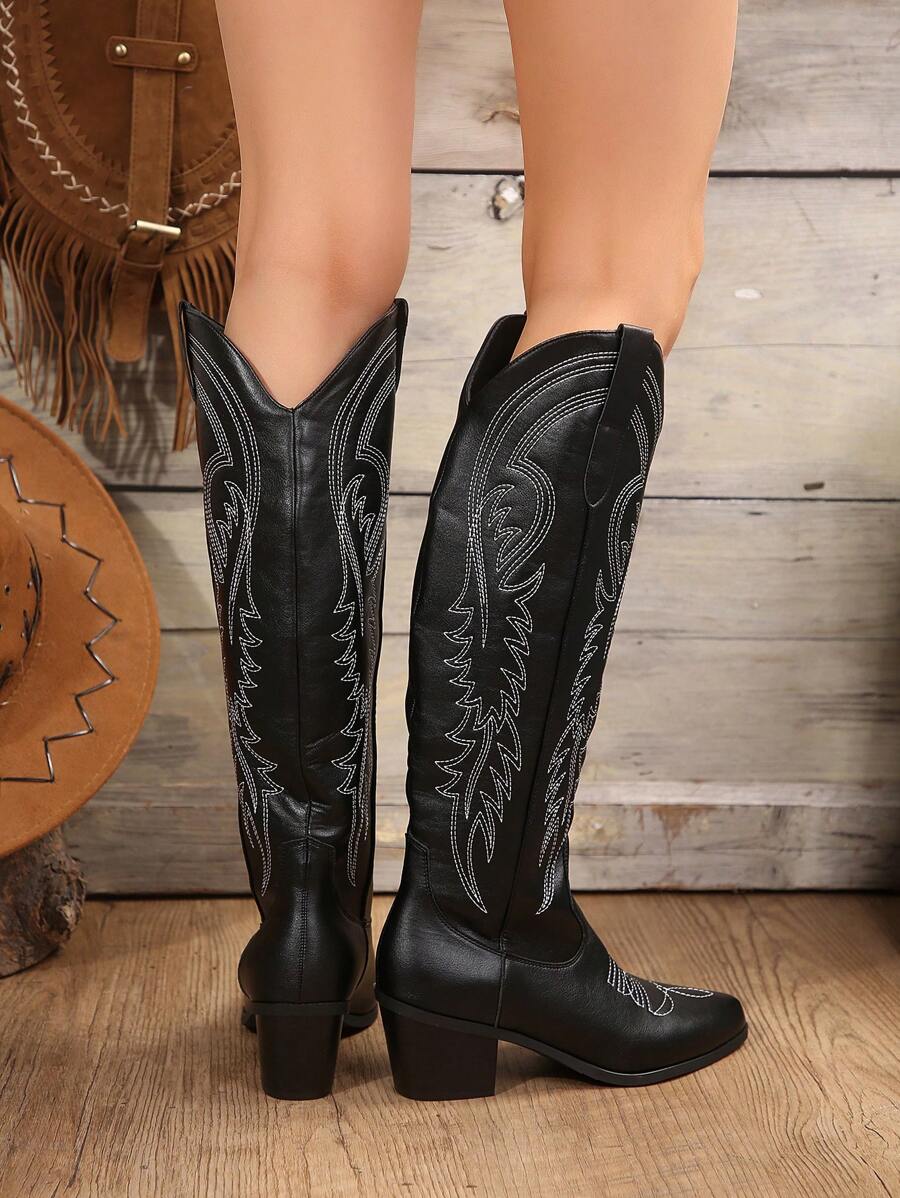 FVPFVP Fall/Winter 2024 European And American New Vintage Embroidered Western Boots, Over-The-Knee V-Cut All-Match Fashionable Knight Boots For Women, Cowboy Boots For Women,Cowgirl Boots,Coachella Mensa