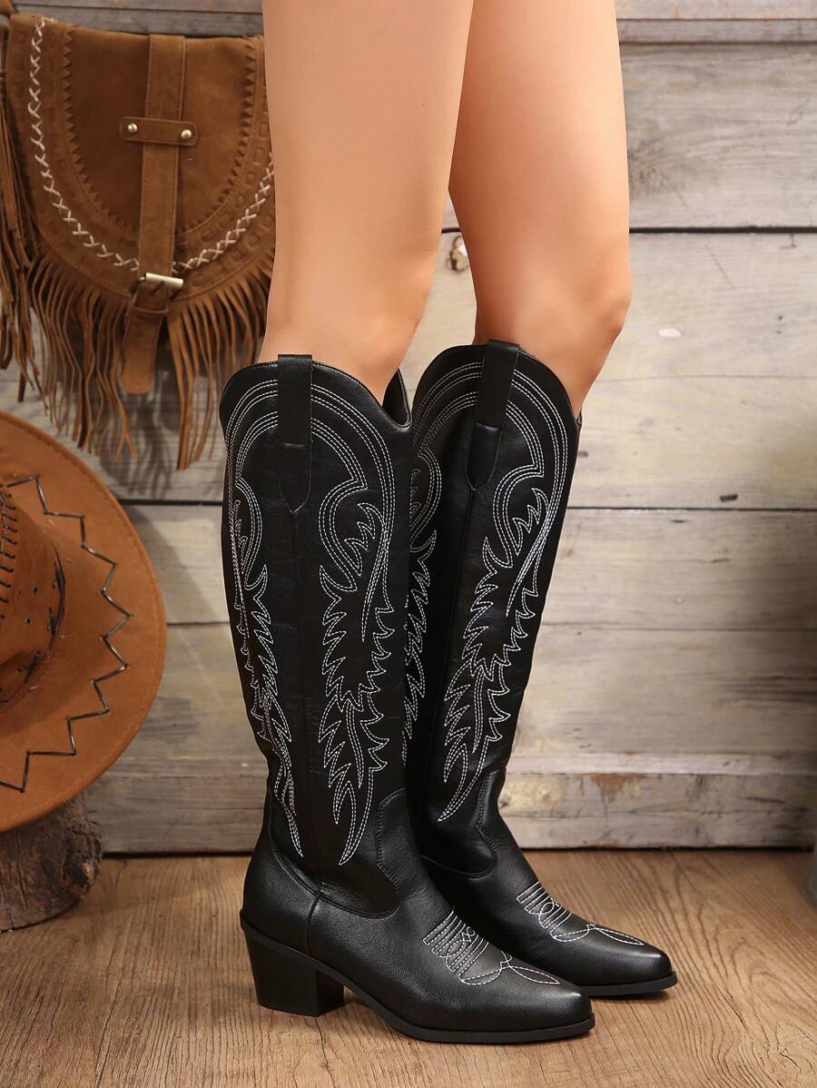 FVPFVP Fall/Winter 2024 European And American New Vintage Embroidered Western Boots, Over-The-Knee V-Cut All-Match Fashionable Knight Boots For Women, Cowboy Boots For Women,Cowgirl Boots,Coachella Mensa