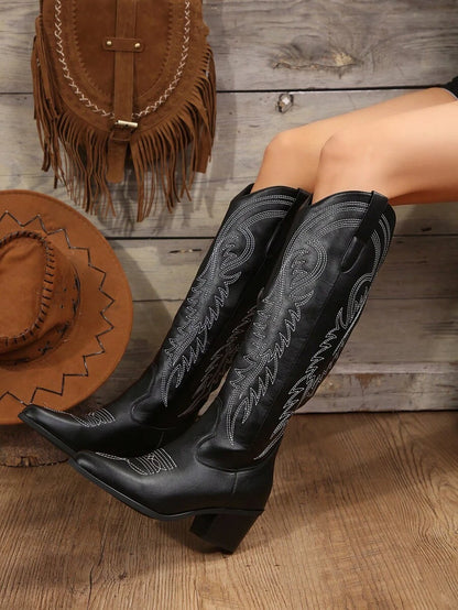 FVPFVP Fall/Winter 2024 European And American New Vintage Embroidered Western Boots, Over-The-Knee V-Cut All-Match Fashionable Knight Boots For Women, Cowboy Boots For Women,Cowgirl Boots,Coachella Mensa