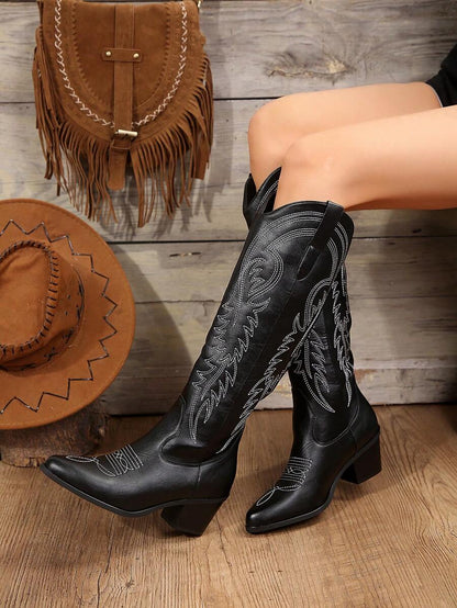 FVPFVP Fall/Winter 2024 European And American New Vintage Embroidered Western Boots, Over-The-Knee V-Cut All-Match Fashionable Knight Boots For Women, Cowboy Boots For Women,Cowgirl Boots,Coachella Mensa