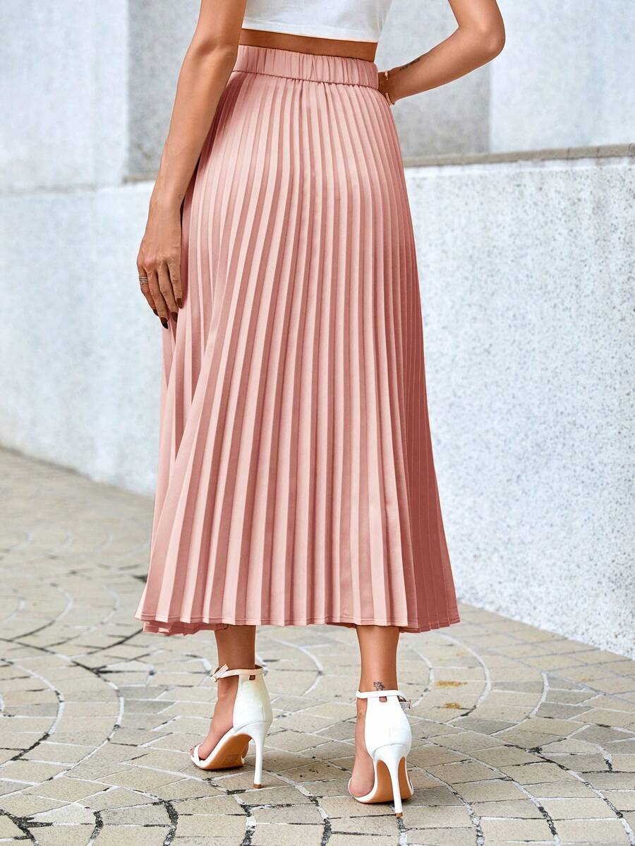 Camila Elegant High-Waist Pleated A-Line Midi Skirt - Pink