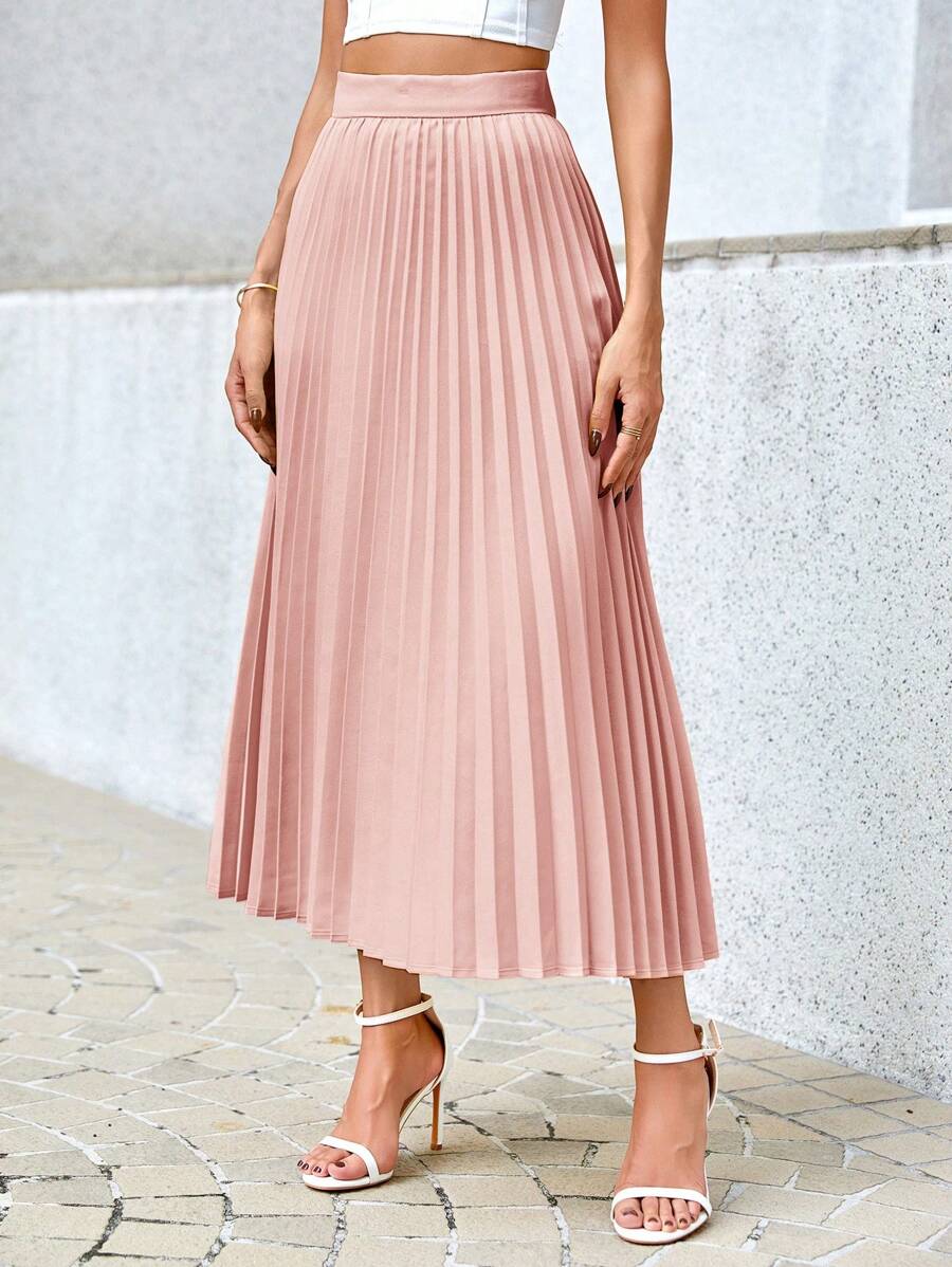 Camila Elegant High-Waist Pleated A-Line Midi Skirt - Pink