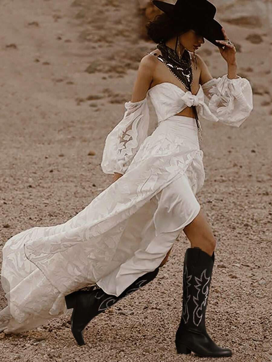 Women's Western Cowboy Boots Embroidered Pointed Toe Pull-On Retro Classic Fall Knee High Cowgirl Boots For Woman Spring Boots For Women Mensa