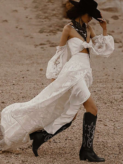 Women's Western Cowboy Boots Embroidered Pointed Toe Pull-On Retro Classic Fall Knee High Cowgirl Boots For Woman Spring Boots For Women Mensa