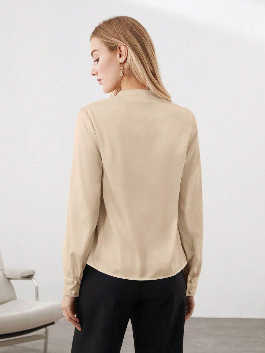 Seraphine V-Neck Button Puff Sleeve Textured Satin Blouse - Champagne