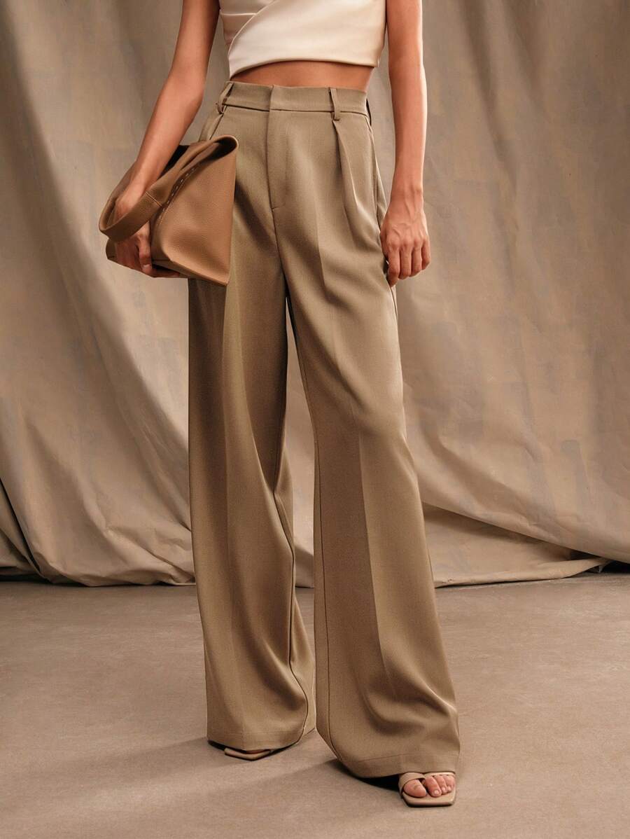 Tatiana Pleated High Waist Wide Leg Trousers with Pockets - Apricot